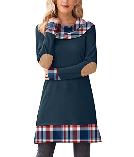 Mainfini Damen Kariert Pullover Kleid A-Linie Sweater Langarm Rollkragen Minikleid Marineblau M von Mainfini