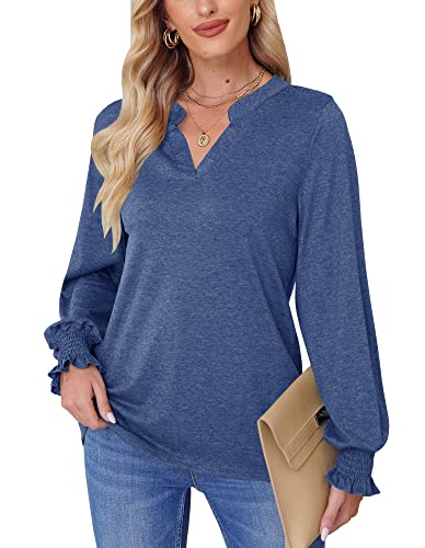 Mainfini Damen Langarm Shirt Einfarbig Casual Sanft Oberteile mit V-Ausschnitt Blau XL von Mainfini