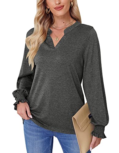 Mainfini Damen Langarm Shirt Einfarbig Casual Sanft Oberteile mit V-Ausschnitt Grau XL von Mainfini