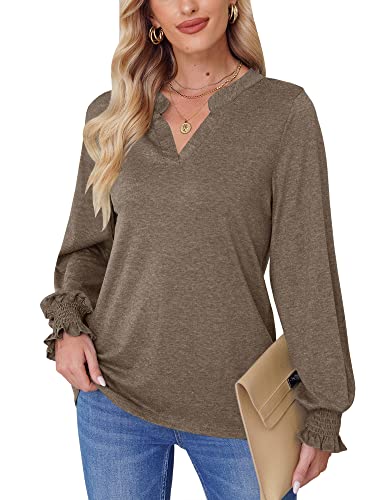 Mainfini Damen Langarm Shirt Einfarbig Casual Sanft Oberteile mit V-Ausschnitt Kaffee XL von Mainfini