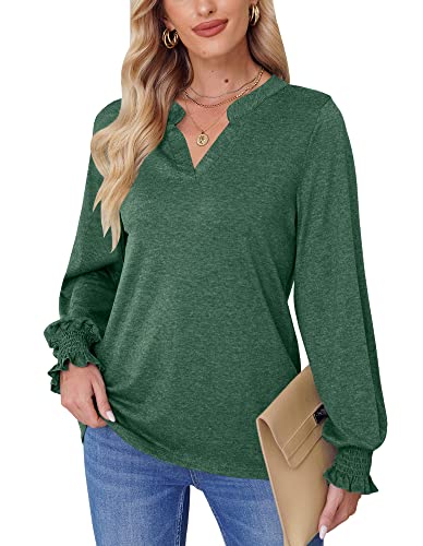 Mainfini Damen Langarm Shirt Einfarbig Casual Sanft Oberteile mit V-Ausschnitt Waldgrün XL von Mainfini
