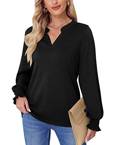 Mainfini Damen Langarm Shirt Einfarbig Freizeit Sanft Oberteile mit V-Ausschnitt Schwarz M von Mainfini