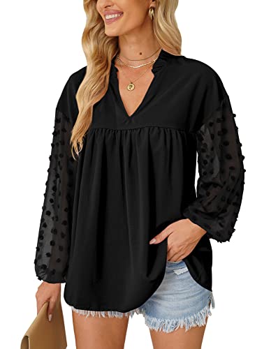 Mainfini Damen Langarmshirt Bluse mit Floraler Spitze Elegant Einfarbige Shirt Lose Tunika Schwarz L von Mainfini