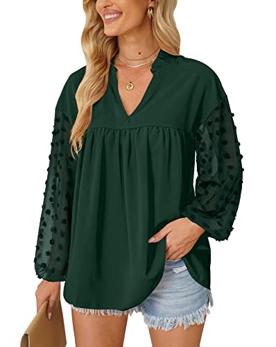 Mainfini Damen Langarmshirt Bluse mit Floraler Spitze Elegant Einfarbige Shirt Lose Tunika Tiefes Waldgrün L von Mainfini