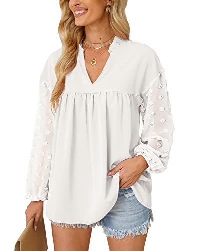 Mainfini Damen Langarmshirt Bluse mit Floraler Spitze Elegant Einfarbige Shirt Lose Tunika Weiß L von Mainfini