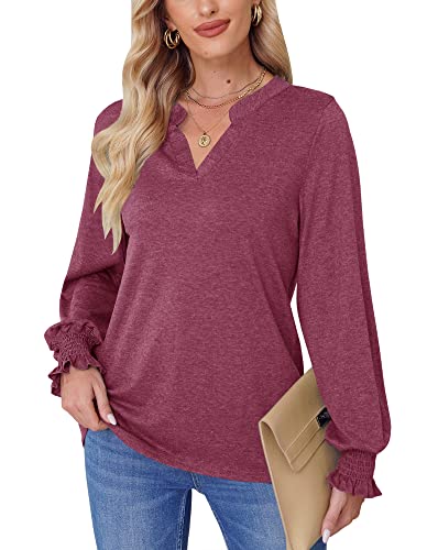 Mainfini Damen Langarmshirt Einfarbig Casual Sanft Oberteile mit V-Ausschnitt für Herbst S von Mainfini