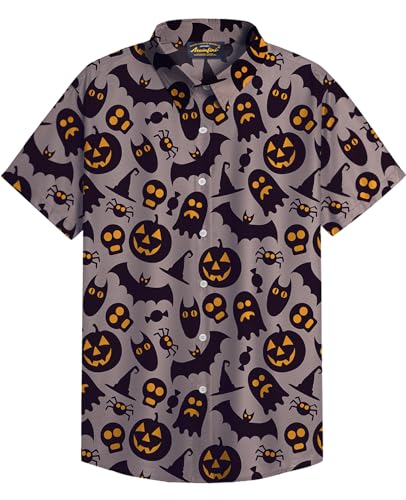 Mainfini Halloween Herren Katze Kürbis Kopf Kostüm Poloshirt T-Shirt Lustig Skelett Freizeithemd A7 S von Mainfini