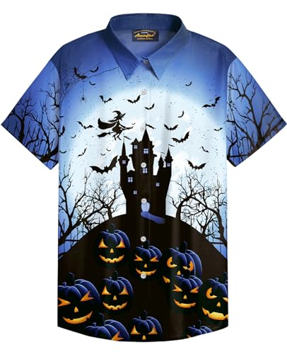 Mainfini Halloween Herren Kürbis Kopf Katze Kostüm Lustig Poloshirt Skelett T-Shirt Freizeithemd B7 XL von Mainfini