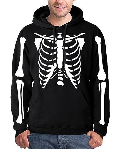 Mainfini Halloween Herren Langarm mit Taschen Hoodie Pulli Sweatshirt Kürbis Kapuzenpullover Schwarz - Skelett XXL von Mainfini