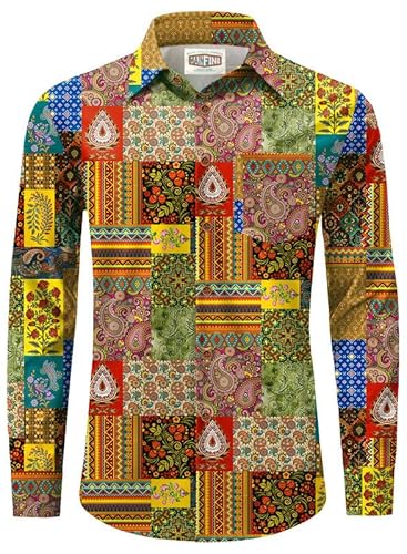Mainfini Herren 1970er Karneval Vintage Blumen Kleid Hemd Langarm Bedruckt Freizeit Knopf-Runter-Hemden 70er Paisley Outfit L von Mainfini
