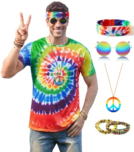Mainfini Herren Kostüme Hippie Hemd Bunte 60er Jahre Outfits Bequeme Stirnband Halskette S von Mainfini
