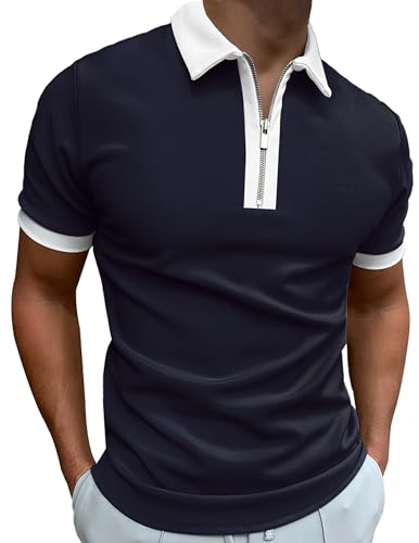 Mainfini Herren-Poloshirt, stilvoll, kurzärmelig, normale Passform, Reißverschluss, Poloshirt, athletischer Kragen, Piqué-Tops, A/Marineblau, XL von Mainfini