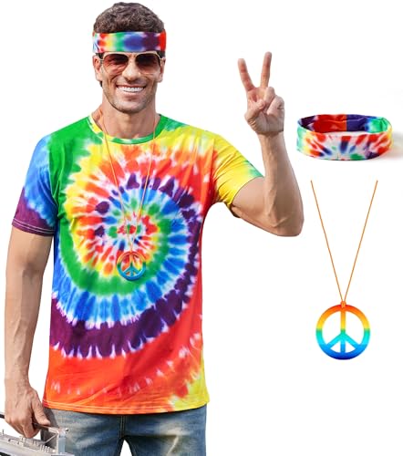 Mainfini Hippie Kostüm für Männer Frauen Bequem Tie Dye Peace Erwachsene Motto Party T-Shirt L von Mainfini