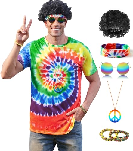 Mainfini Hippie Kostüm für Männer Frauen Bequeme Batik Frieden Thema Erwachsene T-Shirt S von Mainfini