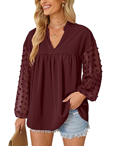 Mainfini Langarmbluse für Damen Punkten Muster Oberteil Lässige Langarm Bluse Shirts Burgundisch M von Mainfini