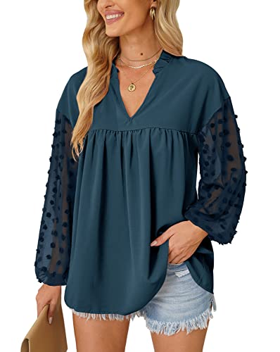 Mainfini Langarmbluse für Damen Punkten Muster Oberteil Lässige Langarm Bluse Shirts Marineblau M von Mainfini