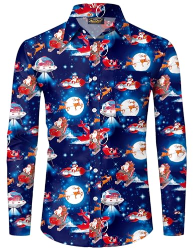 Mainfini Weihnachten Herren Bad Taste Hässliche Weihnachtshemd Lustig Kostüm Ugly Christmas Shirt Blau B2 M von Mainfini