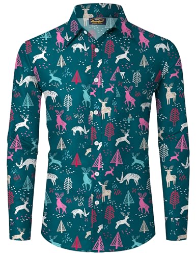 Mainfini Weihnachten Herren Langärm Hawaiihemd Weihnachtshemd Christmas Lustig Ugly Kostüm Shirt Grün Elch A3 L von Mainfini