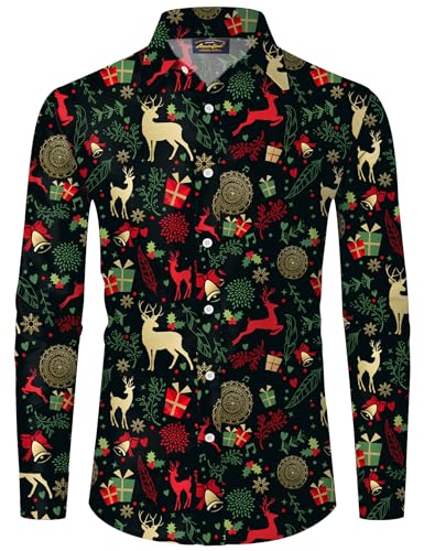 Mainfini Weihnachten Herren Santa 3D Druck Weihnachtshemd Christmas Lustig Ugly Kostüm Shirt Schwarz C1 XL von Mainfini