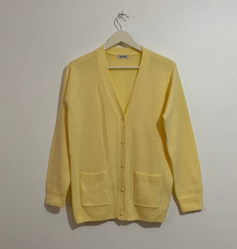 Vintage 90Er Jahre Lemon Pastell Gelb V-Ausschnitt Button Up Front Damen Langarm Cardigan Frühling Sommer Oma Chic Süßer Pullover Größe 8 10 12 von MaisiesWardrobe