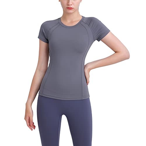 Damen Sport Tshirt Yoga T-Shirt Damen Tailliertes Tshirt Gym Kurzarm Shirt Laufshirt Tops eng anliegendes Tshirt Damen Atmungsaktiv Stretch Funktionsshirt Rundhals Leicht Tshirt von Maisley