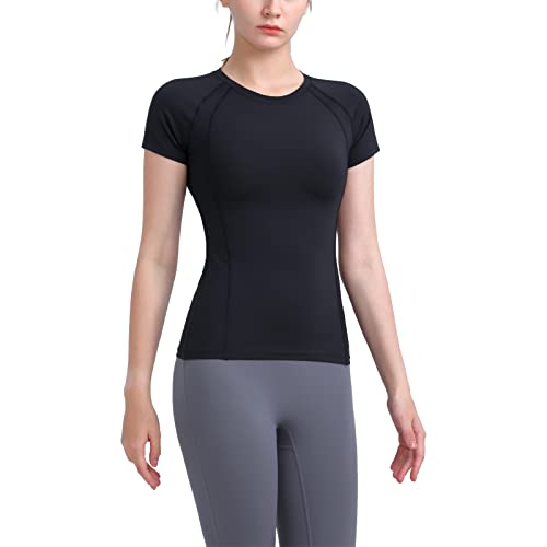 Damen Sport Tshirt Yoga T-Shirt Damen Tailliertes Tshirt Gym Kurzarm Shirt Laufshirt Tops eng anliegendes Tshirt Damen Atmungsaktiv Stretch Funktionsshirt Rundhals Leicht Tshirt von Maisley