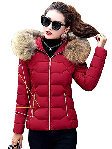 Nemopter Damen Mantel Parka Winter Langarm Pelz Daunenjacke mit Kapuze Jacke Gr. l, Vin Rouge von Maison Jardin