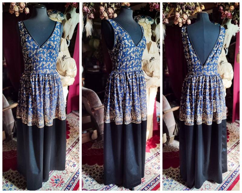 Langes Abendkleid - Größe 40 Vintage Seide Blau/Schwarz Bestickt von LaMaisonDeVerreStore