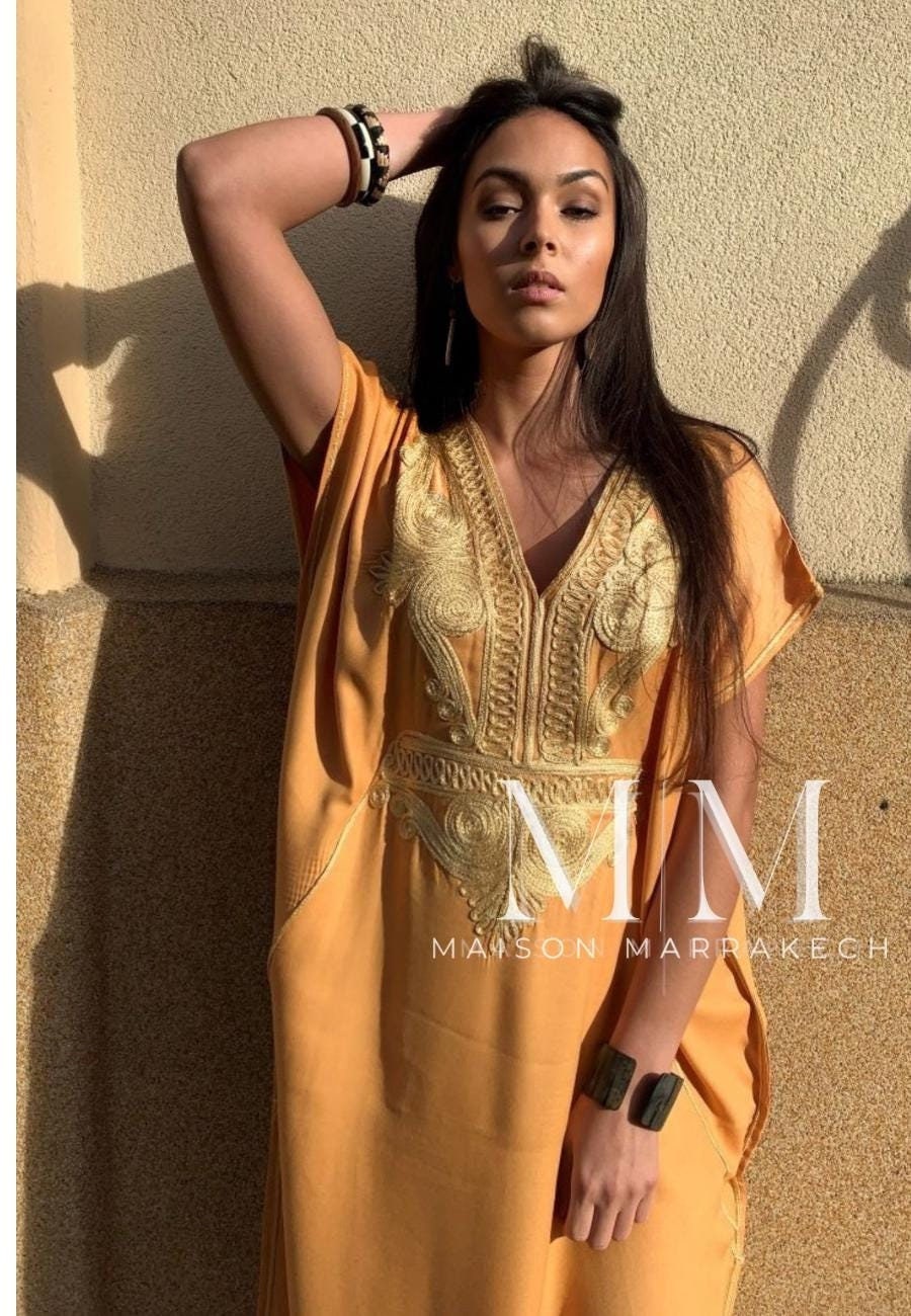 Sommer Gelb Gold Kaftan Kleid Marokkanisch Marrakesch Strand Kaftan-Urlaubskleid, Hauskleid, Partykleid, Strandkleid, Geschenk Für Sie, Maxikleid von MaisonMarrakech