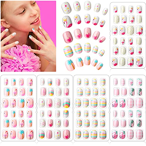120 Stücke Mädchen Aufdrücken Nägel Gefälschte Nägel Künstliche Nagelspitzen Kinder Vollabdeckung Kurze Falsche Fingernägel für Mädchen Kinder Nagelkunst Dekoration (Regenbogen und Flamingo) von Maitys