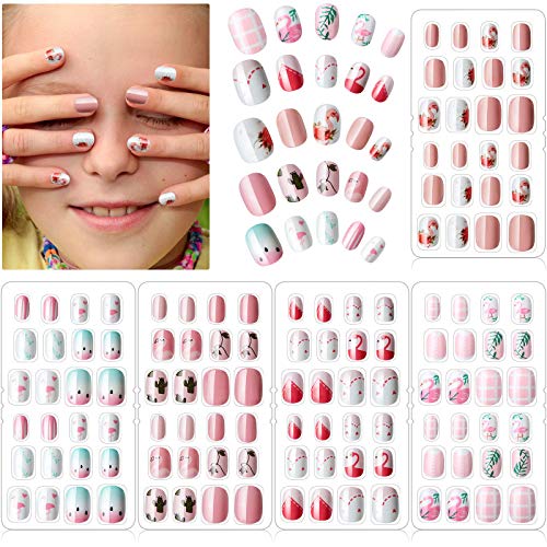 120 Stücke Mädchen Aufdrücken Nägel Gefälschte Nägel Künstliche Nagelspitzen Kinder Vollabdeckung Kurze Falsche Fingernägel für Mädchen Kinder Nagelkunst Dekoration (Flamingo Themen) von Maitys