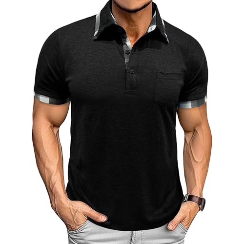 Henley-Shirts für Herren, stilvoll, karierter Kragen, Sommer, leicht, mit Tasche, lässig, Business-Tops, Schwarz, M Henley-Shirts für Herren, stilvoll, karierter Kragen, Sommer, leicht, mit Tasche, lässig, Business-Tops, Schwarz, M von Maiyifu-GJ