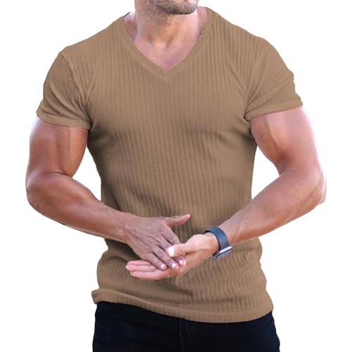 Herren Atmungsaktiv Leichte T-Shirts V-Ausschnitt Sommer Gym Tees Casual Schnell Trocknende Tops Fitness Einfarbig Shirts, kaki, 3XL Herren Atmungsaktiv Leichte T-Shirts V-Ausschnitt Sommer Gym Tees Casual Schnell Trocknende Tops Fitness Einfarbig Shirts, kaki, 3XL von Maiyifu-GJ