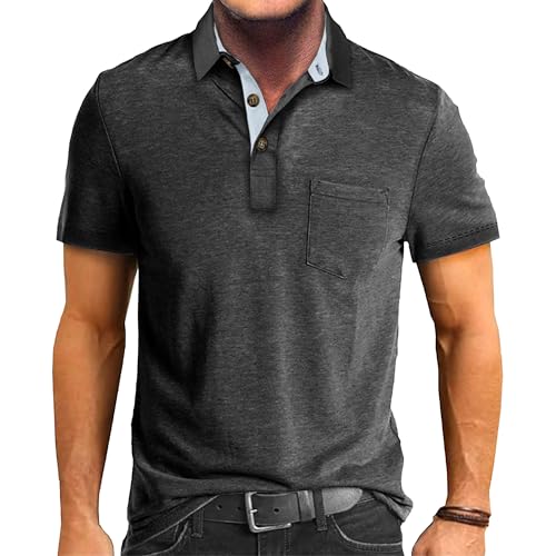 Herren Atmungsaktive Leichte Casual Polo Tees Einfarbig Business Sommer Lose Fit Kurzarm Tops, dark/grey, XL Herren Atmungsaktive Leichte Casual Polo Tees Einfarbig Business Sommer Lose Fit Kurzarm Tops, dark/grey, XL von Maiyifu-GJ