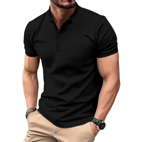 Herren-Polo-T-Shirt, Waffelmuster, Stehkragen, kurzärmelig, Knopfleiste, atmungsaktiv, bequem, leicht, Schwarz, M Herren-Polo-T-Shirt, Waffelmuster, Stehkragen, kurzärmelig, Knopfleiste, atmungsaktiv, bequem, leicht, Schwarz, M von Maiyifu-GJ