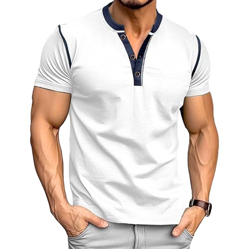 Herren Sommer Farbblock Henley T-Shirts Atmungsaktive Baumwolle Mischung Tees Weiche Leichte Rundhals Casual Tops, blank, L Herren Sommer Farbblock Henley T-Shirts Atmungsaktive Baumwolle Mischung Tees Weiche Leichte Rundhals Casual Tops, blank, L von Maiyifu-GJ