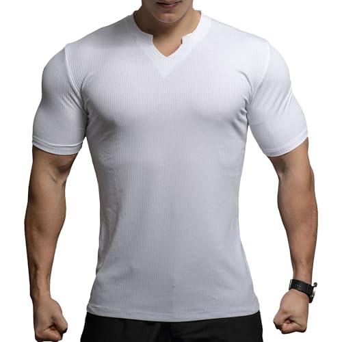 Herren Stretch V-Ausschnitt T-Shirts Solide Gestreifte Kurzarm Tees Workout Gym Atmungsaktive Bequeme Tops, blank, L Herren Stretch V-Ausschnitt T-Shirts Solide Gestreifte Kurzarm Tees Workout Gym Atmungsaktive Bequeme Tops, blank, L von Maiyifu-GJ