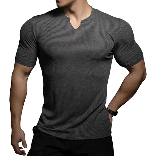 Herren Stretch V-Ausschnitt T-Shirts Solide Gestreifte Kurzarm Tees Workout Gym Atmungsaktive Bequeme Tops, dark/grey, XXL Herren Stretch V-Ausschnitt T-Shirts Solide Gestreifte Kurzarm Tees Workout Gym Atmungsaktive Bequeme Tops, dark/grey, XXL von Maiyifu-GJ