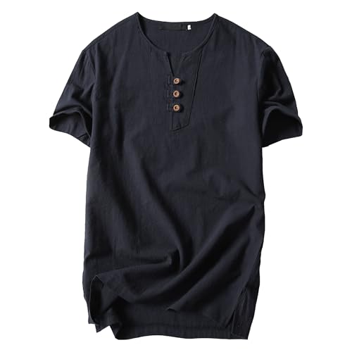 Herren-T-Shirts aus Leinen-Baumwolle, Knopfleiste, Sommer, leicht, atmungsaktiv, kurzärmelig, modisch, lässig, Tops, 3 x Schwarz, 4XL Herren-T-Shirts aus Leinen-Baumwolle, Knopfleiste, Sommer, leicht, atmungsaktiv, kurzärmelig, modisch, lässig, Tops, 3 x Schwarz, 4XL von Maiyifu-GJ