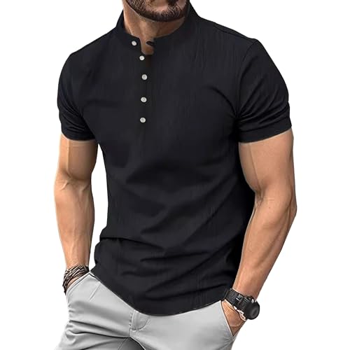 Herren Vintage Baumwolle Leinen Henley Tees Einfarbig Casual Shirts Atmungsaktive Leichte Weiche Kurzarm Tops, blacks, 3XL Herren Vintage Baumwolle Leinen Henley Tees Einfarbig Casual Shirts Atmungsaktive Leichte Weiche Kurzarm Tops, blacks, 3XL von Maiyifu-GJ