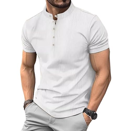 Herren Vintage Baumwolle Leinen Henley Tees Einfarbig Casual Shirts Atmungsaktive Leichte Weiche Kurzarm Tops, blank, XL Herren Vintage Baumwolle Leinen Henley Tees Einfarbig Casual Shirts Atmungsaktive Leichte Weiche Kurzarm Tops, blank, XL von Maiyifu-GJ