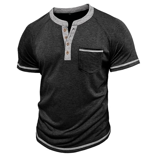 Herren Vintage Henley Button-Up T-Shirts Farbblock Design Atmungsaktive Tees Comfort Fit Relaxed Stil Weiche Tops, blacks, S von Maiyifu-GJ