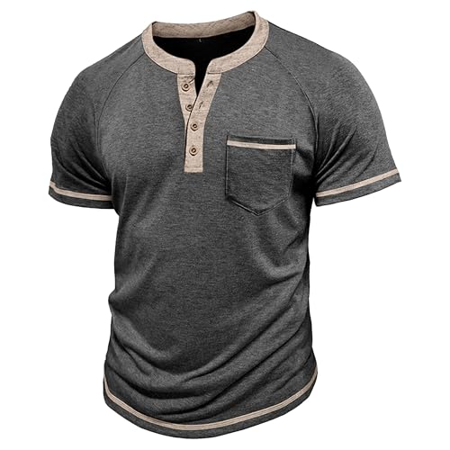 Herren Vintage Henley Button-Up T-Shirts Farbblock Design Atmungsaktive Tees Comfort Fit Relaxed Stil Weiche Tops, dark/grey, XXL von Maiyifu-GJ