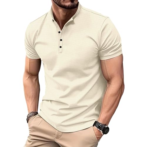 Herren Waffelpique T-Shirt Stehkragen Kurzarm Polohemd Knopfleiste Atmungsaktiv Bequem Leicht, Kaki, 3X-Large Herren Waffelpique T-Shirt Stehkragen Kurzarm Polohemd Knopfleiste Atmungsaktiv Bequem Leicht, Kaki, 3X-Large von Maiyifu-GJ