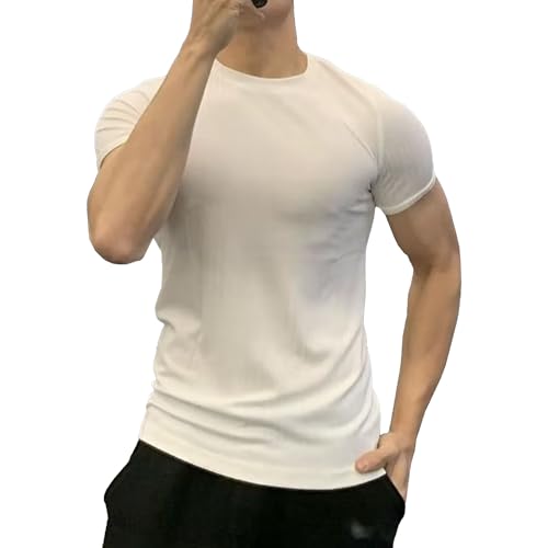 Maiyifu-GJ Herren Slim Fit Gestreifte Eisseide T-Shirts Atmungsaktiv Casual Kurzarm T-Shirts Mode Bequem Basic Tops, Weiß, XL Maiyifu-GJ Herren Slim Fit Gestreifte Eisseide T-Shirts Atmungsaktiv Casual Kurzarm T-Shirts Mode Bequem Basic Tops, Weiß, XL von Maiyifu-GJ