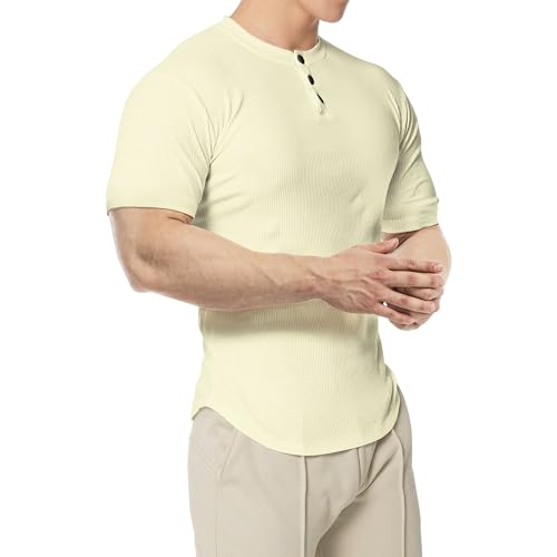 Maiyifu-GJ Männer Sommer Aktive T-Shirts Button-Down Atmungsaktive Tees Komfortable Gerippte Baumwolle Tops Leichte Einfarbig, yellow (gelb), XXL von Maiyifu-GJ