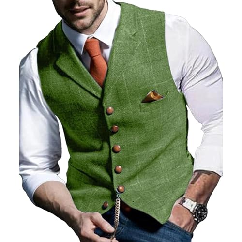 Maiyifu-GJ Tweed karierte Business-Anzug Weste lässig tailliert Kragen Wollweste Twill formale Kleid Hochzeit Smoking Weste, verde pallido, XXL von Maiyifu-GJ