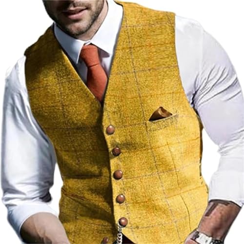 Maiyifu-GJ Tweed karierte Business-Anzug Weste lässig tailliert Kragen Wollweste Twill formale Kleid Hochzeit Smoking Weste, yellow (gelb), M von Maiyifu-GJ