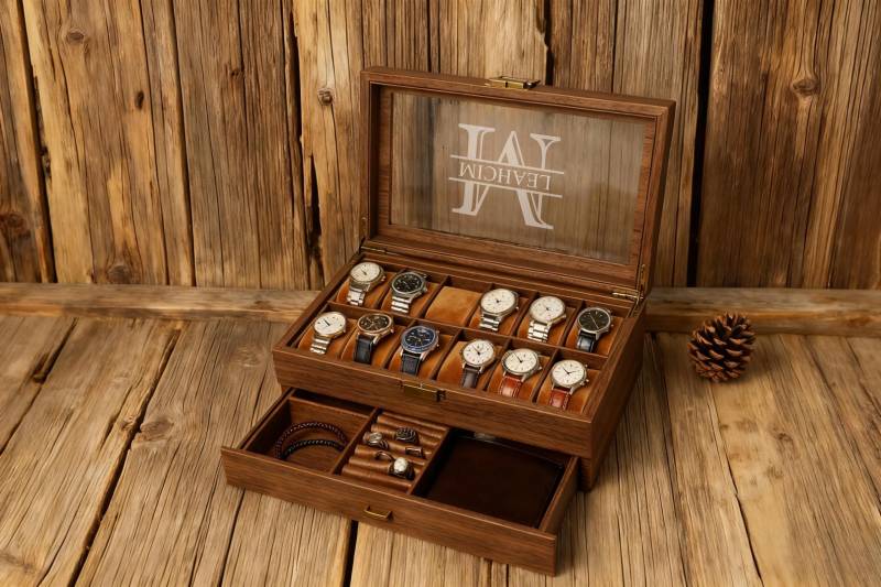 2 Layers 12 Slots Personalized Watch Box, Custom Case, Storage Jewelry Gift For Dad, Anniversary Birthday Men von MajWY1