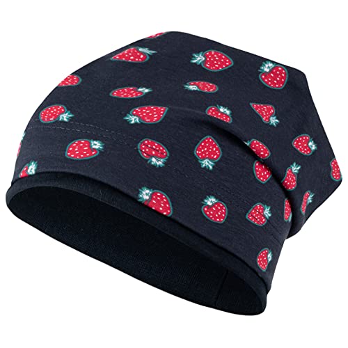 Mädchen Mütze Beanie Übergangsmütze Erdbeeren Blumen Frühling Herbst, Größe: 50/52, Farbe: Dunkelblau von Maja